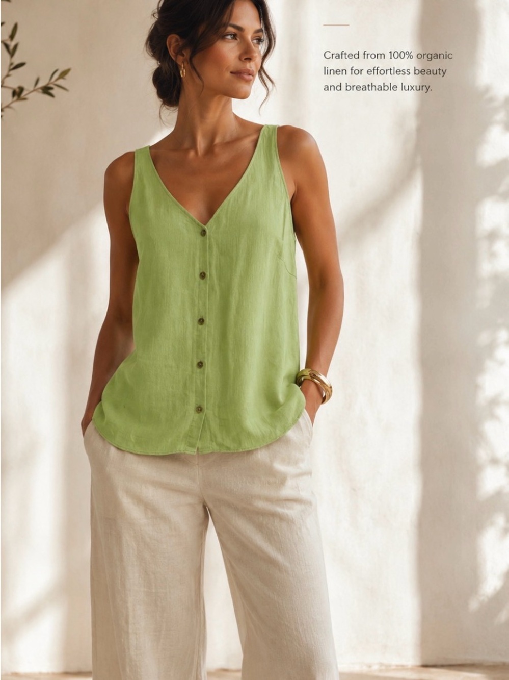 Simons Light Green Linen V-Neck Button Tank